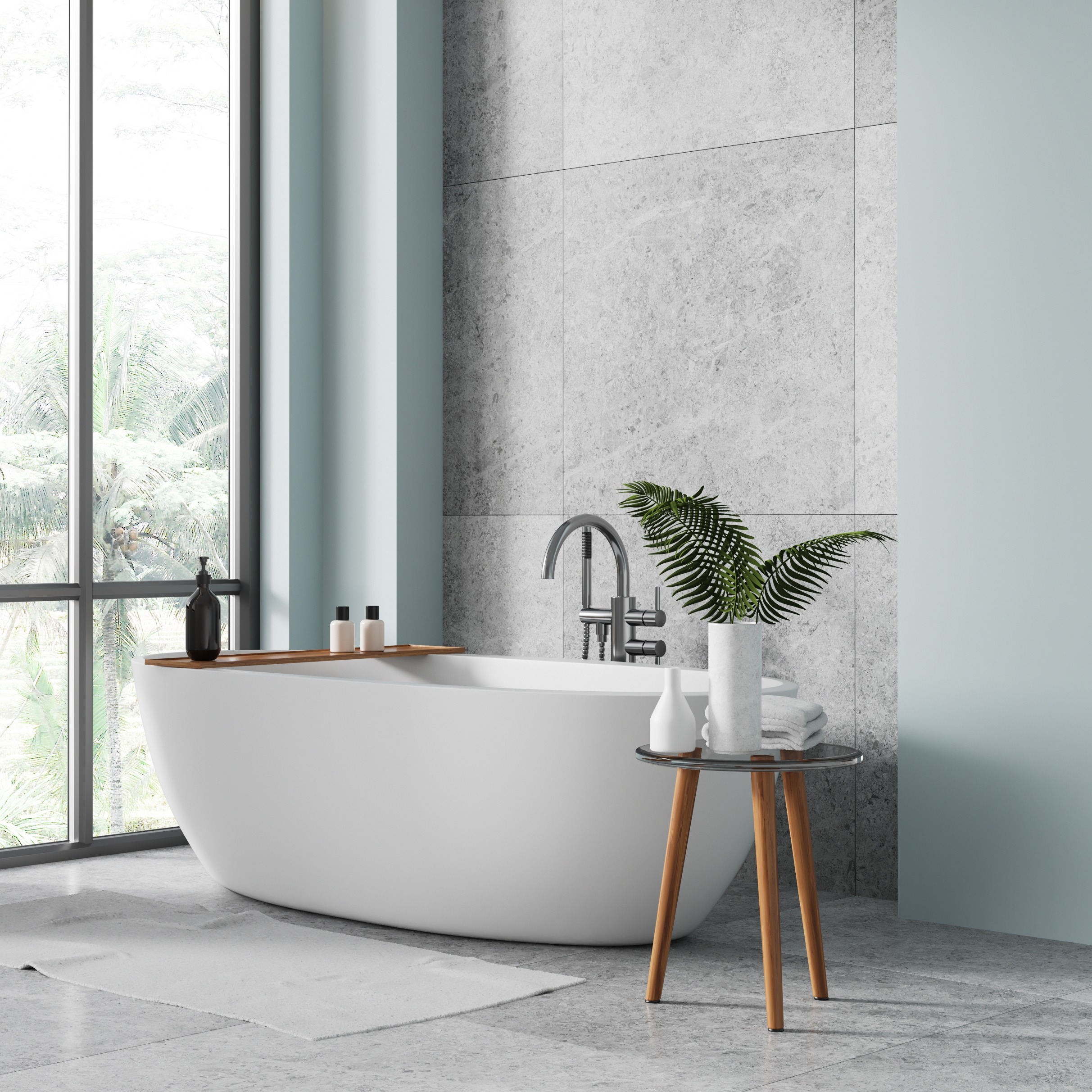 Blue,Corner,View,Of,Hotel,Bathroom,Interior,With,Bathtub,And